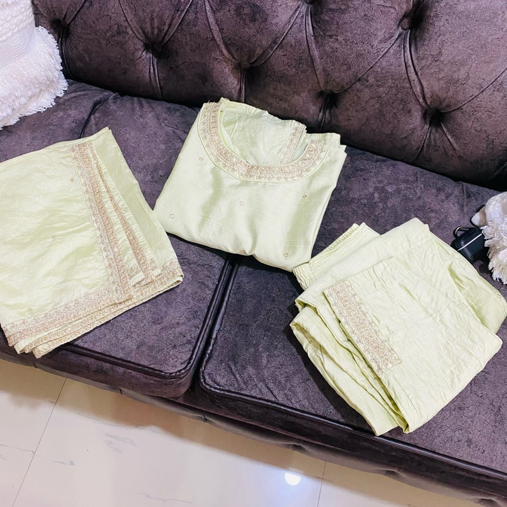 Silk stitched 3 piece suit with lining in pastel green with rose gold embroidery - Picture 6 of 11